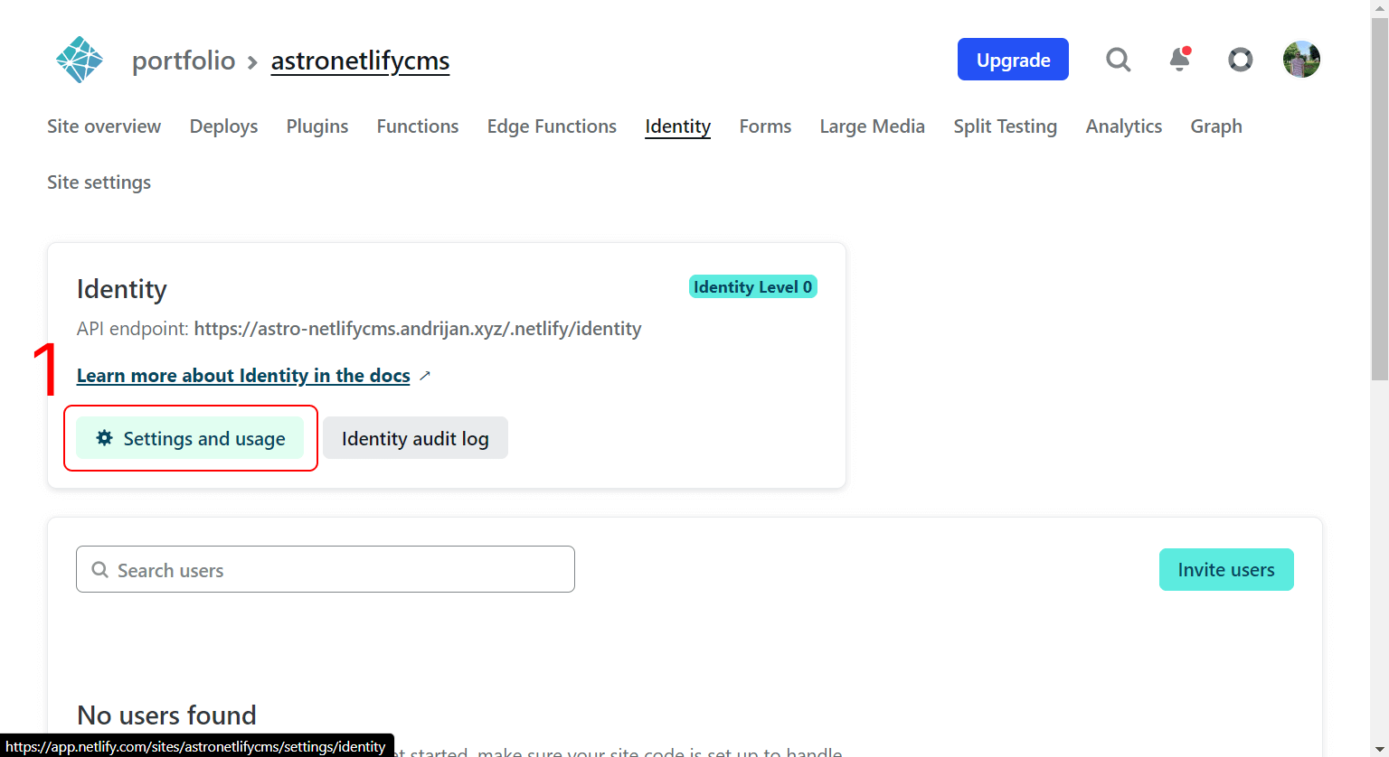 Opening Settings for Netlify Identity